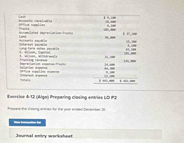 Cash $ 9,100
Accounts receivable 18,600
Office supplies 
Trucks 183,000 4,180
Accumulated depreciation-Trucks $ 37,100
Land 96,000
Accounts payable 15,300
Interest payable 5,100
Long-term notes payable 63,500
K. Wilson, Capital 161,080
K.Wilson, Withdrawals 21, 100
Trucking revenue 
Depreciation expense-Trucks 24,600 141,008
Salaries expense 64,300
Office supplies expense 9,100
Interest expense 13, 100
Totals $ 443,000 $ 443,090
Exercise 4-12 (Algo) Preparing closing entries LO P2 
Prepare the closing entries for the year ended December 31 
View transaction fist 
Journal entry worksheet