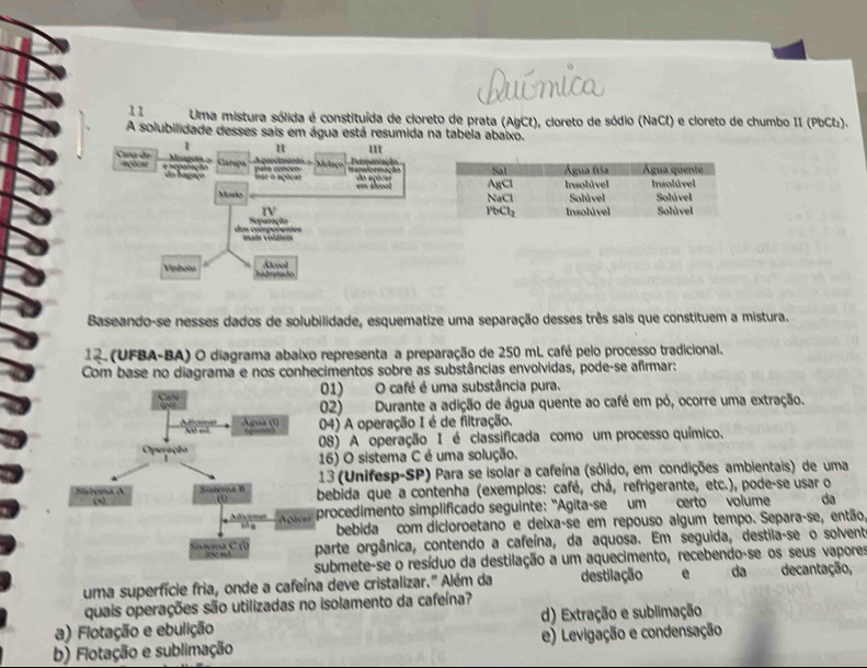 Uma mistura sólida é constituída de cloreto de prata (AgCt), cloreto de sódio (NaCl) e cloreto de chumbo II (PbCt:).
A solubilidade desses sais em água está resumida na tabeia abaixo.
1
Carpa - Aquecimento = Mclaço  ermertação
Cara de Agicar e sepanação pala concén  a o  o   mação
da bagaço as a agical do açúcas em alcoot
Morlo
IV
Eeparação 
dun compom ce mais voldion
Vinhoto Álcool
Baseando-se nesses dados de solubilidade, esquematize uma separação desses três sais que constituem a mistura.
1 (UFBA-BA) O diagrama abaixo representa a preparação de 250 mL café pelo processo tradicional.
Com base no diagrama e nos conhecimentos sobre as substâncias envolvidas, pode-se afirmar:
01) O café é uma substância pura.
2) Durante a adição de água quente ao café em pó, ocorre uma extração.
4) A operação I é de filtração.
08) A operação I é classificada como um processo químico.
6) O sistema C é uma solução.
13 (Unifesp-SP) Para se isolar a cafeína (sólido, em condições ambientais) de uma
ebida que a contenha (exemplos: café, chá, refrigerante, etc.), pode-se usar o
rocedimento simplificado seguinte: "Agita-se um certo volume da
bebida com dicloroetano e deixa-se em repouso algum tempo. Separa-se, então
arte orgânica, contendo a cafeína, da aquosa. Em seguida, destila-se o solvent
ubmete-se o resíduo da destilação a um aquecimento, recebendo-se os seus vapores
uma superfície fria, onde a cafeína deve cristalizar." Além da destilação e da decantação,
quais operações são utilizadas no isolamento da cafeína?
a) Flotação e ebulição d) Extração e sublimação
b) Flotação e sublimação e) Levigação e condensação