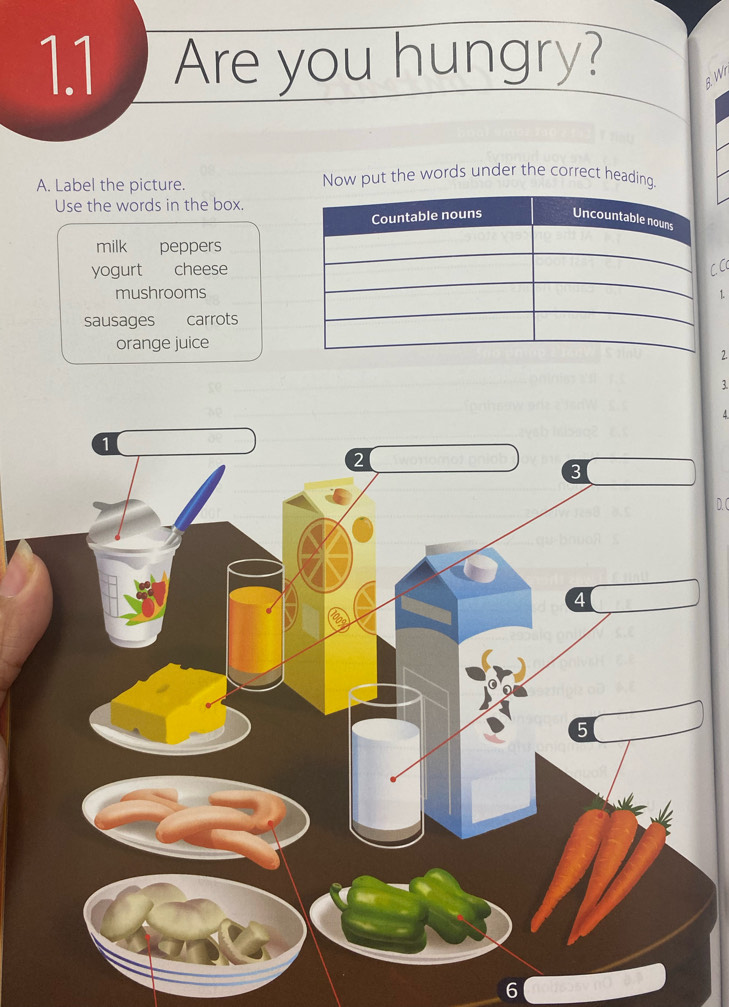 1.1 Are you hungry? aWr
A. Label the picture. Now put the words under the correct heading.
Use the words in the box.
milk peppers
yogurt cheeseCC
mushrooms
1.
sausages carrots
orange juice
2.
3
4
D. C
6