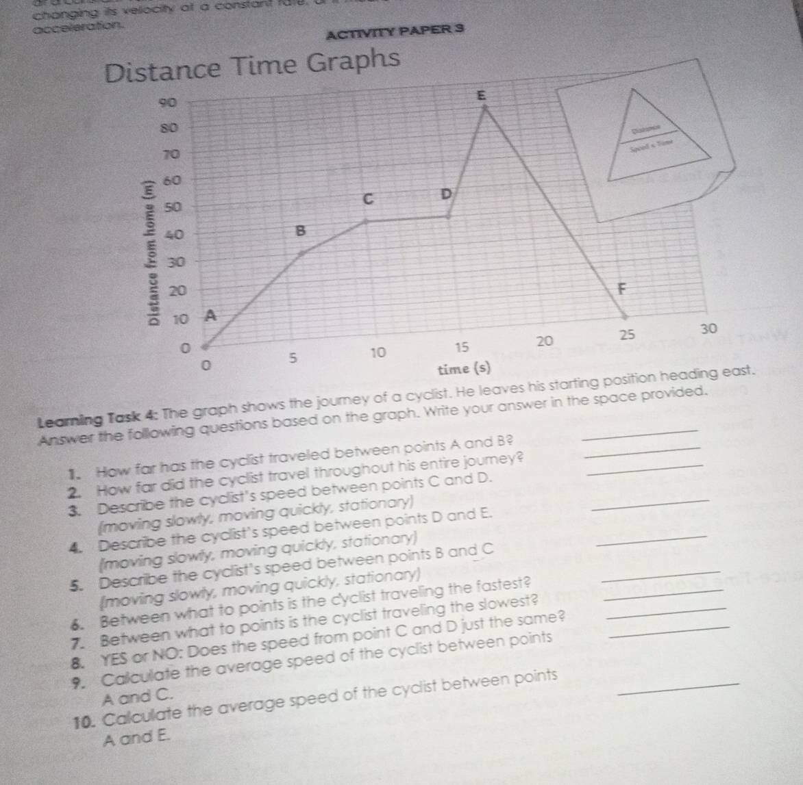 changing its veocity at a constant fure 
acceleration. 
ACTIVITY PAPER 3 
Distance Time Graphs 
q0 
E
80
Distiphin
70
Spcod s Time
5 60
50
C D
40
B
30
20
F
10 A
0 5 10 15 20 25 30
0
time (s) 
Learing Task 4: The graph shows the journey of a cyclist. He leaves his starting position heading east. 
Answer the following questions based on the graph. Write your answer in the space provided. 
How far has the cyclist traveled between points A and B?_ 
2. How far did the cyclist travel throughout his entire journey?_ 
3. Describe the cyclist's speed between points C and D._ 
(moving slowly, moving quickly, stationary) 
4. Describe the cyclist's speed between points D and E. 
_ 
(moving slowly, moving quickly, stationary) 
5. Describe the cyclist's speed between points B and C
_ 
(moving slowly, moving quickly, stationary) 
6. Between what to points is the cyclist traveling the fastest?__ 
7. Between what to points is the cyclist traveling the slowest? 
8. YES or NO: Does the speed from point C and D just the same?_ 
9. Calculate the average speed of the cyclist between points_
A and C. 
10. Calculate the average speed of the cyclist between points
A and E.