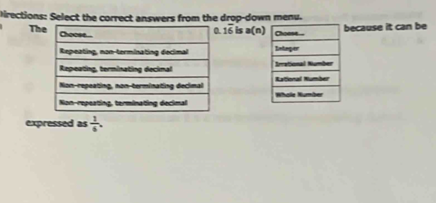 Directions: Select the correct answers from the drop-down menu. 
Thecause it can be
1overline 6 is a(n)

expressed as  1/6 .