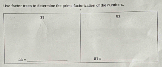 Use factor trees to determine the prime factorization of the numbers.