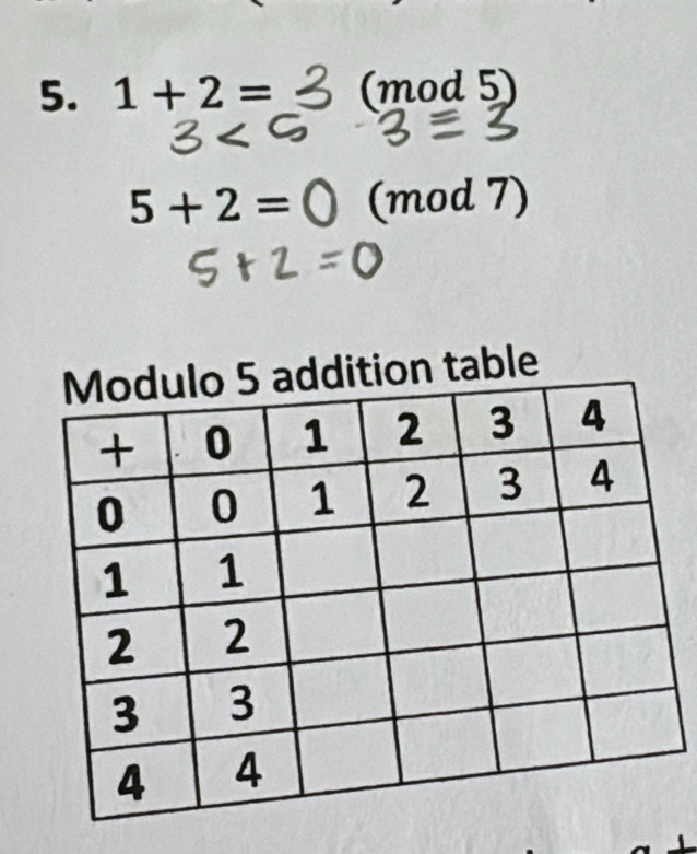 1+2= (mod 5)
5+2= (mod 7) 
able