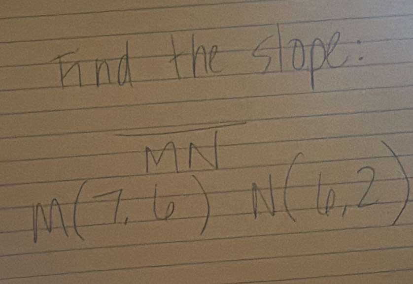 and the slope.
overline MN
M(7,6)N(6,2)