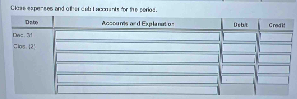 Close expenses and other debit accounts for the period.