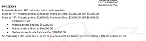 2' EBH00740 
POCESO B Cuautlancingo, Pue. 
Inventario Inicial: 100 unidades, valor del inventario: 
* Puro de "A': Materia prima: $3.000.00. Mano de Obra: $5.000.00. GIF $5.000.00
* Puro de "B": Matería prima: $2.000.00. Mano de Obra: $2.000.00. GIF $5.000.00
Costo incurrido: 
Materia prima directa: $50,000.00
Mano de obra directa: $40,000.00
Gastos Indirectos de Fabricación: $30,000.00
Se terminan 1,000 unidades, el resto se queda al 40% de avance de costo primo y 30% de avance de GIF.