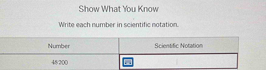 Show What You Know 
Write each number in scientific notation.