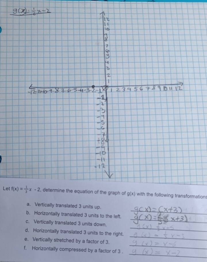 Let f(x)= 1/3 x-2 of the graph of g(x) with the following transformations
a. Vertically translated 3 units up.
_
b. Horizontally translated 3 units to the left.
_
_
c. Vertically translated 3 units down.
_
d. Horizontally translated 3 units to the right.
_
e. Vertically stretched by a factor of 3.
_
f. Horizontally compressed by a factor of 3.