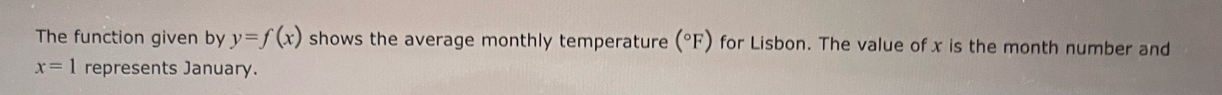 The function given by y=f(x) shows the average monthly temperature (°F) for Lisbon. The value of x is the month number and
x=1 represents January.