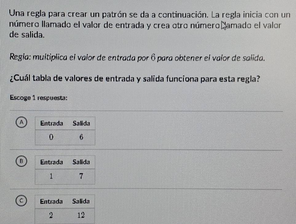 Una regla para crear un patrón se da a continuación. La regla inicia con un
número llamado el valor de entrada y crea otro número amado el valor
de salida.
Regla: multiplica el valor de entrada por 6 para obtener el valor de salida.
¿Cuál tabla de valores de entrada y salida funciona para esta regla?
Escoge 1 respuesta:
A
B
C