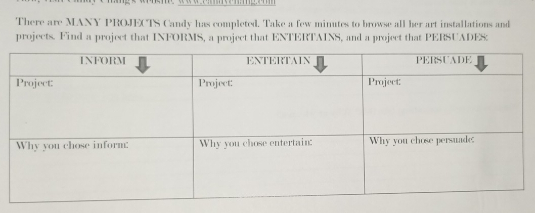 There are MANY PROJECTS Candy has completed. Take a few minutes to browse all her art installations and 
projects. Find a project that INFORMS, a project that ENTERTAINS, and a project that PERSUADES: