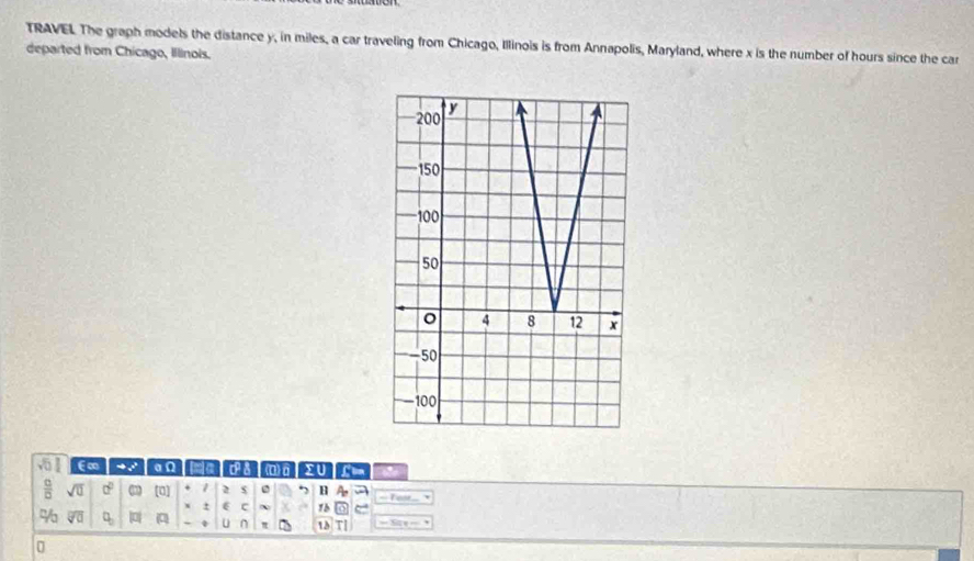 TRAVEL The graph models the distance y, in miles, a car traveling from Chicago, Illinois is from Annapolis, Maryland, where x is the number of hours since the car 
departed from Chicago, Illinois.
sqrt(0) E∞ to 2° an ina da (0) à xU Co
 □ /□   sqrt(□ ) a^0 □ [0] 1 2 e H w - Test= 
x t c 1b 
% overline VU % u 13 11