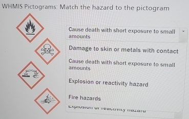Solved: WHMIS Pictograms: Match the hazard to the pictogram Cause death ...