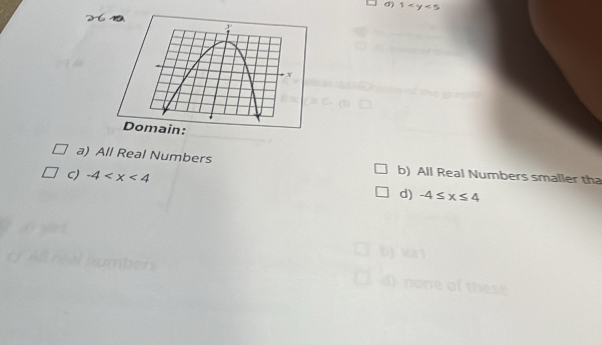 1
a) All Real Numbers b) All Real Numbers smaller tha
C) -4
d) -4≤ x≤ 4
b) xan
d) none of these