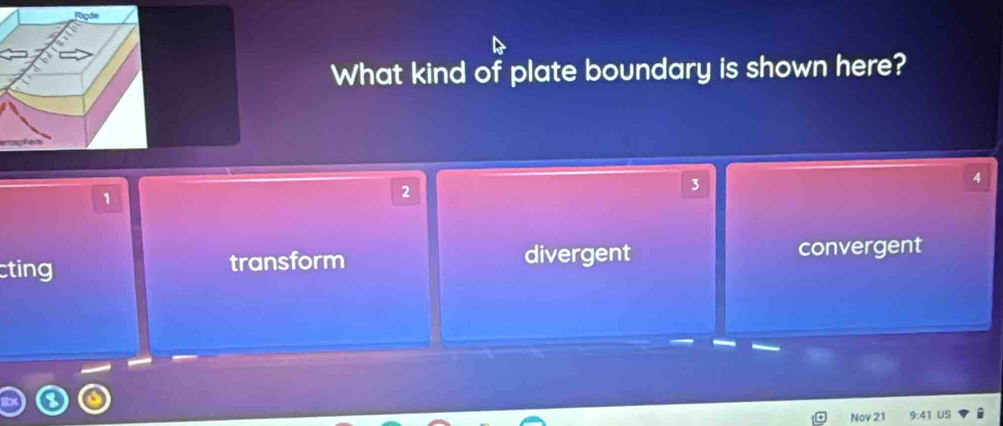 Fagde
What kind of plate boundary is shown here?
3
4
1
2
ting transform divergent convergent
Nov 21 US