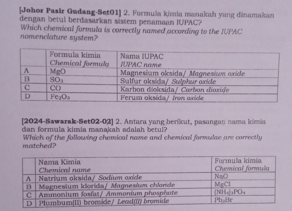 [Johor Pasir Gudang-Set01] 2. Formula kimia manakah yang dinamakan
dengan betul berdasarkan sistem penamaan lUPAC?
Which chemical formula is correctly named according to the IUPAC
nomenclature system?
[2024-Sawarak-Set02-02] 2. Antara yang berikut, pasangaṇ nama kimia
dan formula kimia manakah adalah betul?
Which of the following chemical name and chemical formulae are correctly
matched?