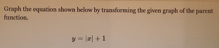 Graph the equation shown below by transforming the given graph of the parent 
function.
y=|x|+1