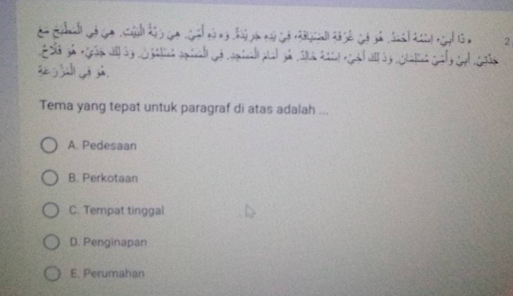 Tema yang tepat untuk paragraf di atas adalah ...
A. Pedesaan
B. Perkotaan
C. Tempat tinggal
D. Penginapan
E. Perumahan