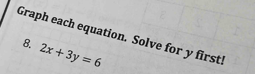 Graph each equation. Solve for y first! 
8. 2x+3y=6