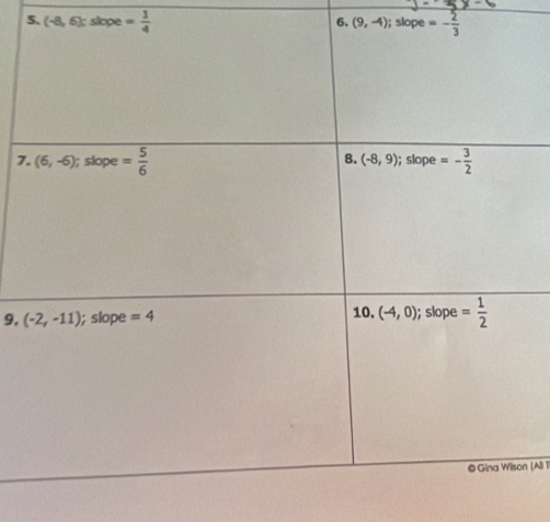 (-8,6): slope = 1/4 ; slope =- 2/3 
6. (9,-4)
7
9. 
n (All 1