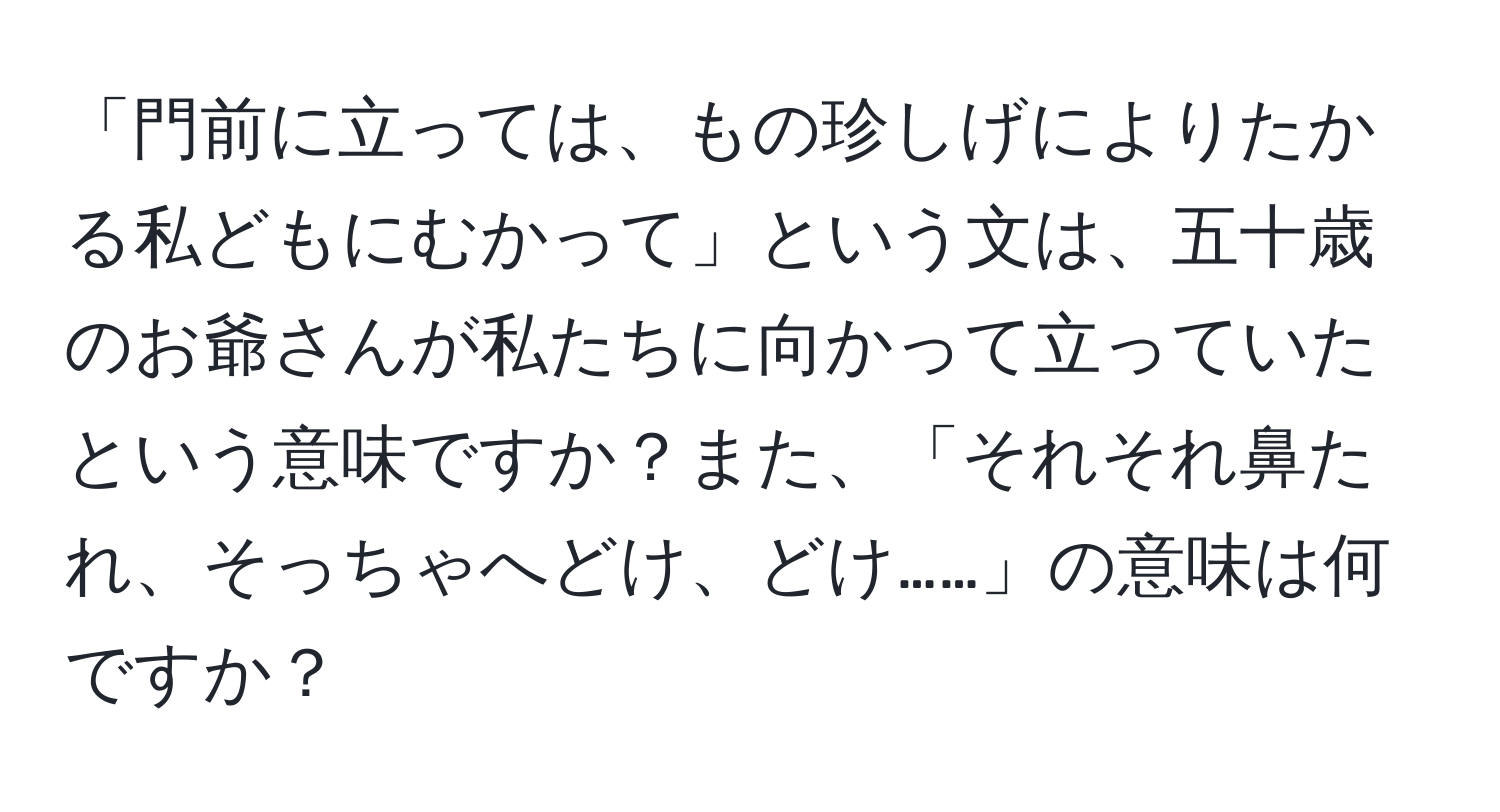 「門前に立っては、もの珍しげによりたかる私どもにむかって」という文は、五十歳のお爺さんが私たちに向かって立っていたという意味ですか？また、「それそれ鼻たれ、そっちゃへどけ、どけ……」の意味は何ですか？