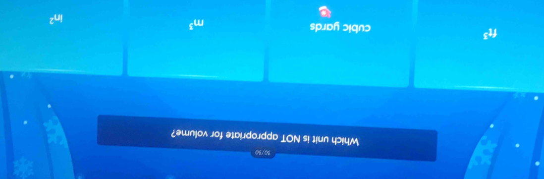 30/30
Which unit is NOT appropriate for volume?
ft^3
cubic yards m^3
in^2
