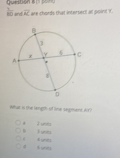  1/BD  and overline AC are chords that intersect at point Y.
What is the length of line segment AY?
2 units
b 3 units
C 4 units
d 6 units