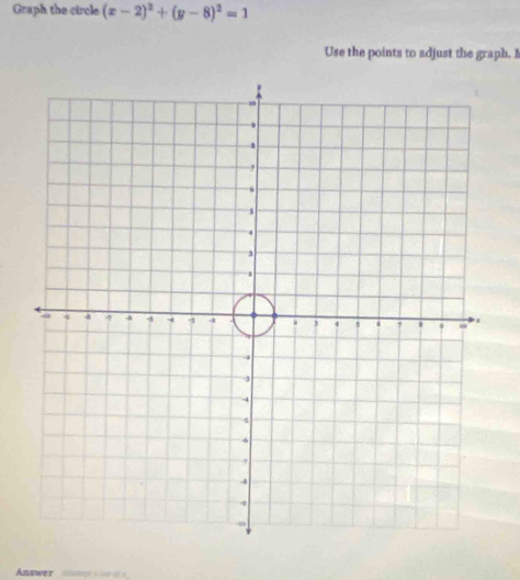 Graph the circle (x-2)^2+(y-8)^2=1
Use the points to adjust the graph. M 
Answer onatc = o s