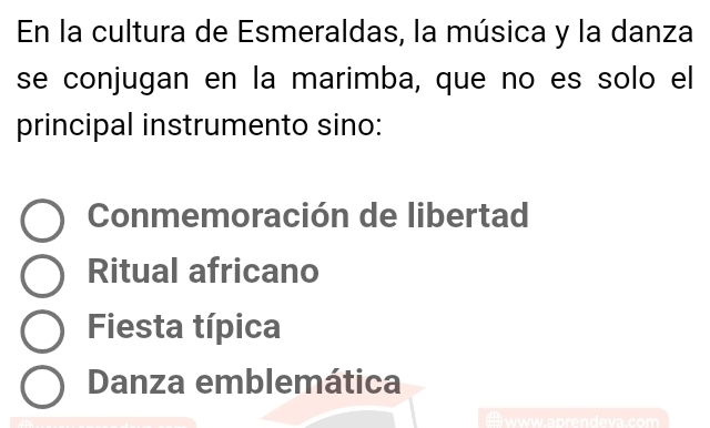 En la cultura de Esmeraldas, la música y la danza
se conjugan en la marimba, que no es solo el
principal instrumento sino:
Conmemoración de libertad
Ritual africano
Fiesta típica
Danza emblemática