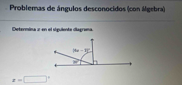 Problemas de ángulos desconocidos (con álgebra)
Determina x en el siguiente diagrama.
x=□°