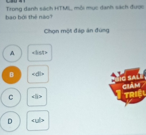 Cau 4
Trong danh sách HTML, mỗi mục danh sách được
bao bởi thẻ nào?
Chọn một đáp án đúng
A st
B
Big saLe
C
Itriệu
D <11</tex>