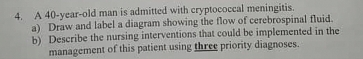 A 40-year-old man is admitted with cryptococcal meningitis. 
a) Draw and label a diagram showing the flow of cerebrospinal fluid. 
b) Describe the nursing interventions that could be implemented in the 
management of this patient using three priority diagnoses.