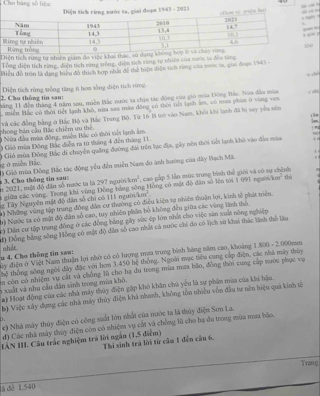 Cho bảng số liệu:
vị: triệu ha) đài cát h
Diện tích rừng nước ta, giai đoạn 1943 - 2021
vất cả nư
y n
trợ
ài p
Diện tích rừng tự nhiên giảm do việc kh
Tổng diện tích rừng, diện tích rừng trồng, diện tích rừng tự nhiên của nước ta đều tăng.
Biểu đồ tròn là dạng biểu đồ thích hợp nhất đề thể hiện diện tích rừng của nước ta, giai đoạn 1943 -
e chế
Diện tích rừng trồng tăng ít hơn tồng diện tích rừng.
2. Cho thông tin sau:
háng 11 đến tháng 4 năm sau, miền Bắc nước ta chịu tác động của gió mùa Đông Bắc. Nửa đầu mùa / chị
2, miền Bắc có thời tiết lạnh khô, nửa sau màu đông có thời tiết lạnh ẩm, có mưa phùn ở vùng ven
fēn
và các đồng bằng ở Bắc Bộ và Bắc Trung Bộ. Từ 16 B trở vào Nam, khối khí lạnh đã bị suy yếu nền
$n,
phong bán cầu Bắc chiếm ưu thế.
my
) Nửa đầu mùa đông, miền Bắc có thời tiết lạnh ẩm. ! ng
) Gió mùa Đông Bắc diễn ra từ tháng 4 đến tháng 11.
) Gió mùa Đông Bắc di chuyển quãng đường dài trên lục địa, gây nên thời tiết lạnh khô vào đầu mùa ìn
1) Gió mùa Đông Bắc tác động yếu đến miền Nam do ảnh hưởng của dãy Bạch Mã. t 1 j c
g ở miền Bắc.
3. Cho thông tin sau:
in 2021, mật độ dân số nước ta là 297 người/k m^2 , cao gấp 5 lần mức trung bình thế giới và có sự chênh n
1
a giữa các vùng. Trong khi vùng Đồng bằng sông Hồng có mật độ dân số lên tới 1 091 người km^2 thì
ng Tây Nguyên mật độ dân số chỉ có 111 người /km^2.
1) Những vùng tập trung đông dân cư thường có điều kiện tự nhiên thuận lợi, kinh tế phát triển.
b) Nước ta có mật độ dân số cao, tuy nhiên phân bố không đều giữa các vùng lãnh thổ.
c) Dân cư tập trung đông ở các đồng bằng gây sức ép lớn nhất cho việc sản xuất nông nghiệp
d) Đồng bằng sông Hồng có mật độ dân số cao nhất cả nước chỉ do có lịch sử khai thác lãnh thổ lâu
nhất.
đủy điện ở Việt Nam thuận lợi nhờ có có lượng mựa trung bình hàng năm cao, khoảng 1.800 - 2.000mm
u 4. Cho thông tin sau:
thệ thống sông ngòi dày đặc với hơn 3.450 hệ thống. Ngoài mục tiêu cung cấp điện, các nhà máy thủy
en còn có nhiệm vụ cắt và chống lũ cho hạ du trong mùa mưa bão, đồng thời cung cấp nước phục vụ
n xuất và nhu cầu dân sinh trong mùa khô.
a) Hoạt động của các nhà máy thủy điện gặp khó khăn chủ yếu là sự phân mùa của khí hậu.
b) Việc xây dựng các nhà máy thủy điện khá nhanh, không tốn nhiều vốn đầu tư nên hiệu quả kinh tế
c) Nhà máy thủy điện có công suất lớn nhất của nước ta là thủy điện Sơn La.
0.
d) Các nhà máy thủy điện còn có nhiệm vụ cắt và chống lũ cho hạ du trong mùa mưa bão.
HÀN III. Câu trắc nghiệm trả lời ngắn (1,5 điểm)
Thí sinh trã lời từ câu 1 đến câu 6.
Trang
ã đề L540