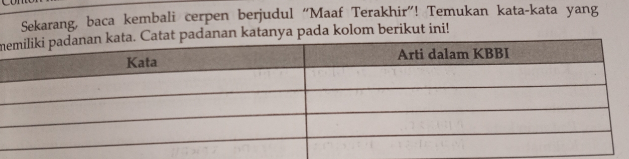 Sekarang, baca kembali cerpen berjudul “Maaf Terakhir”! Temukan kata-kata yang 
mdanan katanya pada kolom berikut ini!