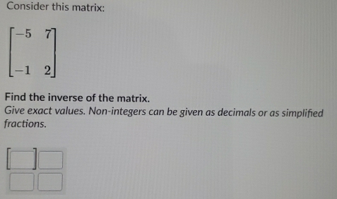 Consider this matrix:
Find the inverse of the matrix.
Give exact values. Non-integers can be given as decimals or as simplified
fractions.