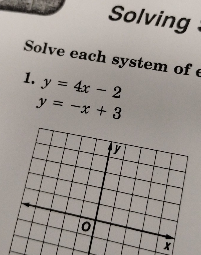 Solving
Solve each system of e
1. y=4x-2
y=-x+3