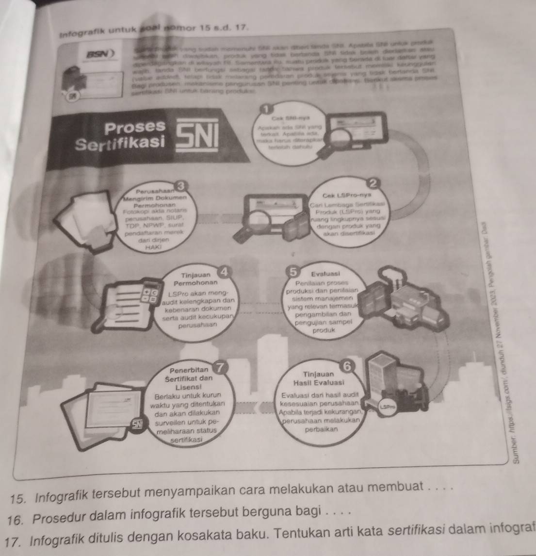Infografik tersebut menyampaikan cara me 
16. Prosedur dalam infografik tersebut berguna bagi . . . . 
17. Infografik ditulis dengan kosakata baku. Tentukan arti kata sertifikasi dalam infograf