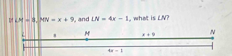 If LM=8,MN=x+9 ,and LN=4x-1 , what is LN?