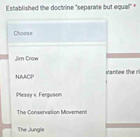 Established the doctrine "separate but equal" *
Choose
Jim Crow
Irantee the rí
NAACP
Plessy v. Ferguson
The Conservation Movement
The Jungle