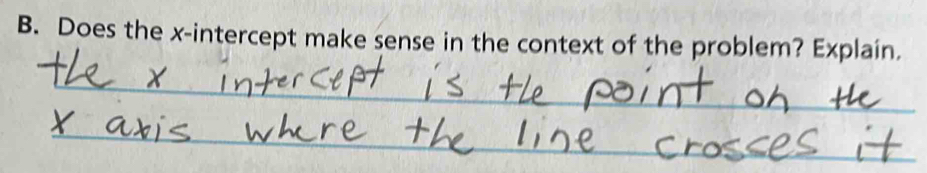 Does the x-intercept make sense in the context of the problem? Explain. 
_ 
_