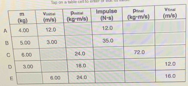 Tap on a table cell to enter or edlt it