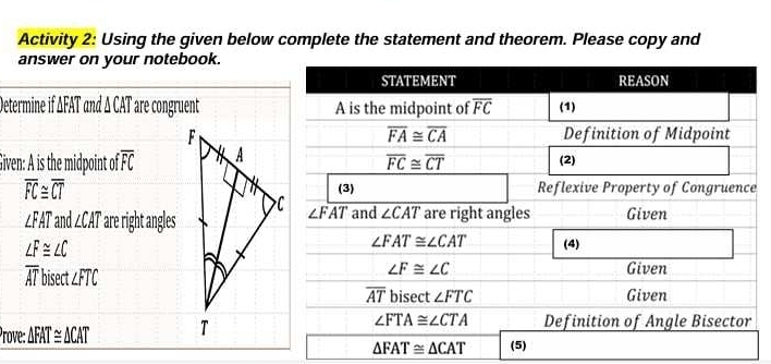 Activity 2: Using the given below complete the statement and theorem. Please copy and
answer on your notebook.
Determine if AFAT and ∆ CAT are congruent 
Given: A is the midpoint of overline FC
overline FC≌ overline CT e
∠ FAT and ∠ CAT ' are right angles
∠ F≌ ∠ C
overline AT bisect ∠ FTC
Prove: 1 △ FAT≌ △ CAT
△ FAT≌ △ CAT