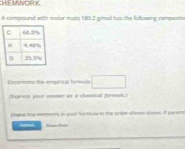 HEMWORK 
A compound with maler maas 180.2 gimol has the following composis 
Dscerminn the emparical formmils □ 
(Express your nower as a chemical formas.) 
Deput the exements in your formula in the order ap atowt of purero 
Sudrnof