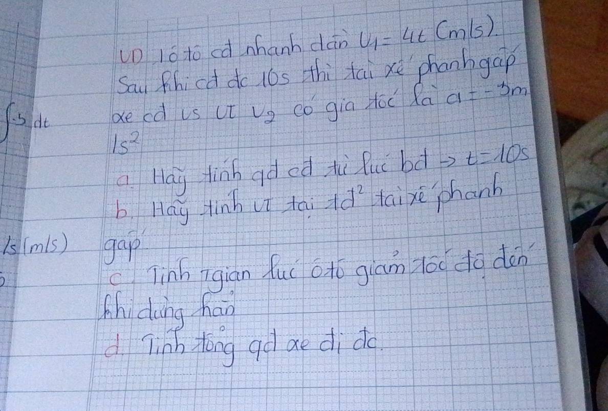 Un 16 tō cà nhanh dán U_1=4t(m/s)
Sau fhicd do 16s hi tai xè phanhgap
decd vs ut v_2 co gia oc Ra a=-3m
15^2
a Hay finh aded tù luc bd? t=10s
b. Hay tinh ut tai lambda d^2 taixe `phanh
1s (m(s) gap
cTinh igiàn fuú oxó giam lóo do don
Mhidong hao
d Tinh Hong ad aè dì do