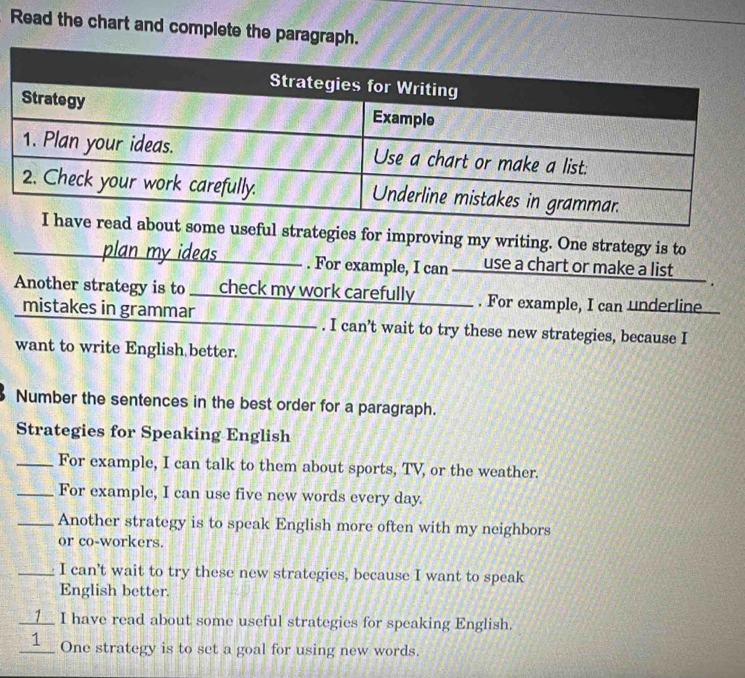 Read the chart and complete the paragraph. 
ategies for improving my writing. One strategy is to 
plan my ideas _. For example, I can bì use a chart or make a list 
Another strategy is to ___check my work carefully . For example, I can underline 
mistakes in grammar 
_. I can’t wait to try these new strategies, because I 
want to write English better. 
Number the sentences in the best order for a paragraph. 
Strategies for Speaking English 
_For example, I can talk to them about sports, TV, or the weather. 
_For example, I can use five new words every day. 
_Another strategy is to speak English more often with my neighbors 
or co-workers. 
__ I can't wait to try these new strategies, because I want to speak 
English better. 
____ I have read about some useful strategies for speaking English. 
__1__ One strategy is to set a goal for using new words.