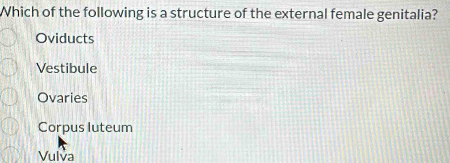 Which of the following is a structure of the external female genitalia?
Oviducts
Vestibule
Ovaries
Corpus luteum
Vulva