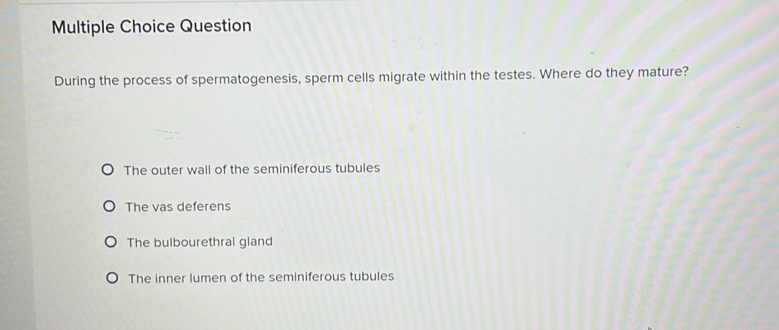 Question
During the process of spermatogenesis, sperm cells migrate within the testes. Where do they mature?
The outer wall of the seminiferous tubules
The vas deferens
The bulbourethral gland
The inner lumen of the seminiferous tubules