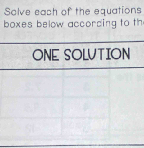 Solve each of the equations 
boxes below according to th 
ONE SOLUTION