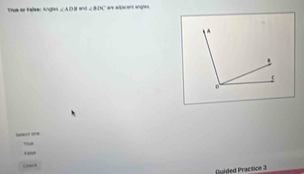 True er Falxe: Angles ∠ ADB and ∠ BDC are adjacent angles.
Saiect one:
Tru0
Fae
Cherck
Guided Practice 3