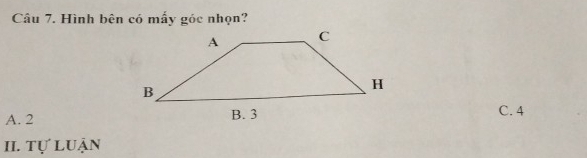 Hình bên có mấy góc nhọn?
A. 2C. 4
II. Tự luận